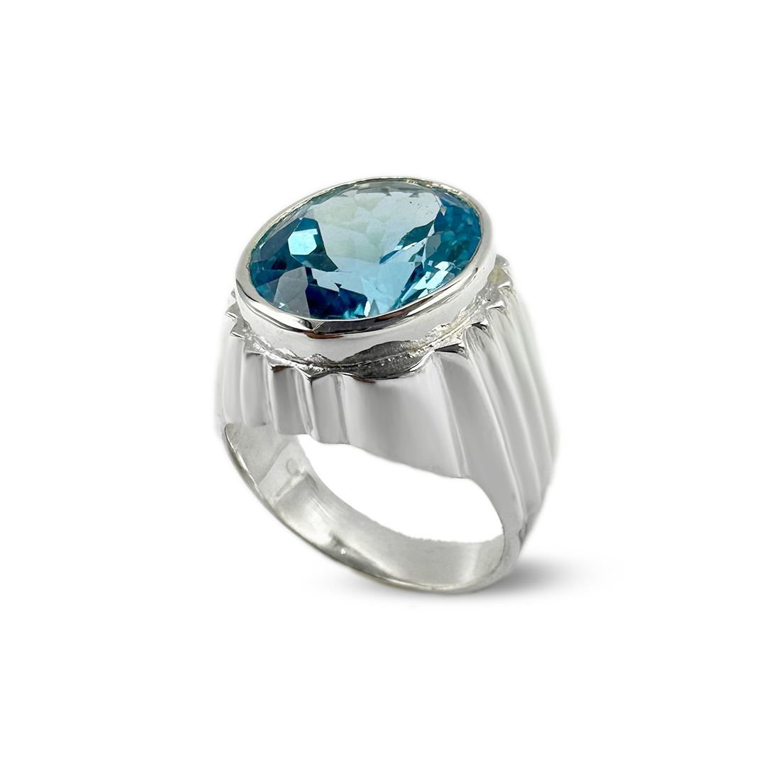 Blue Topaz Men Ring -Across Line Design