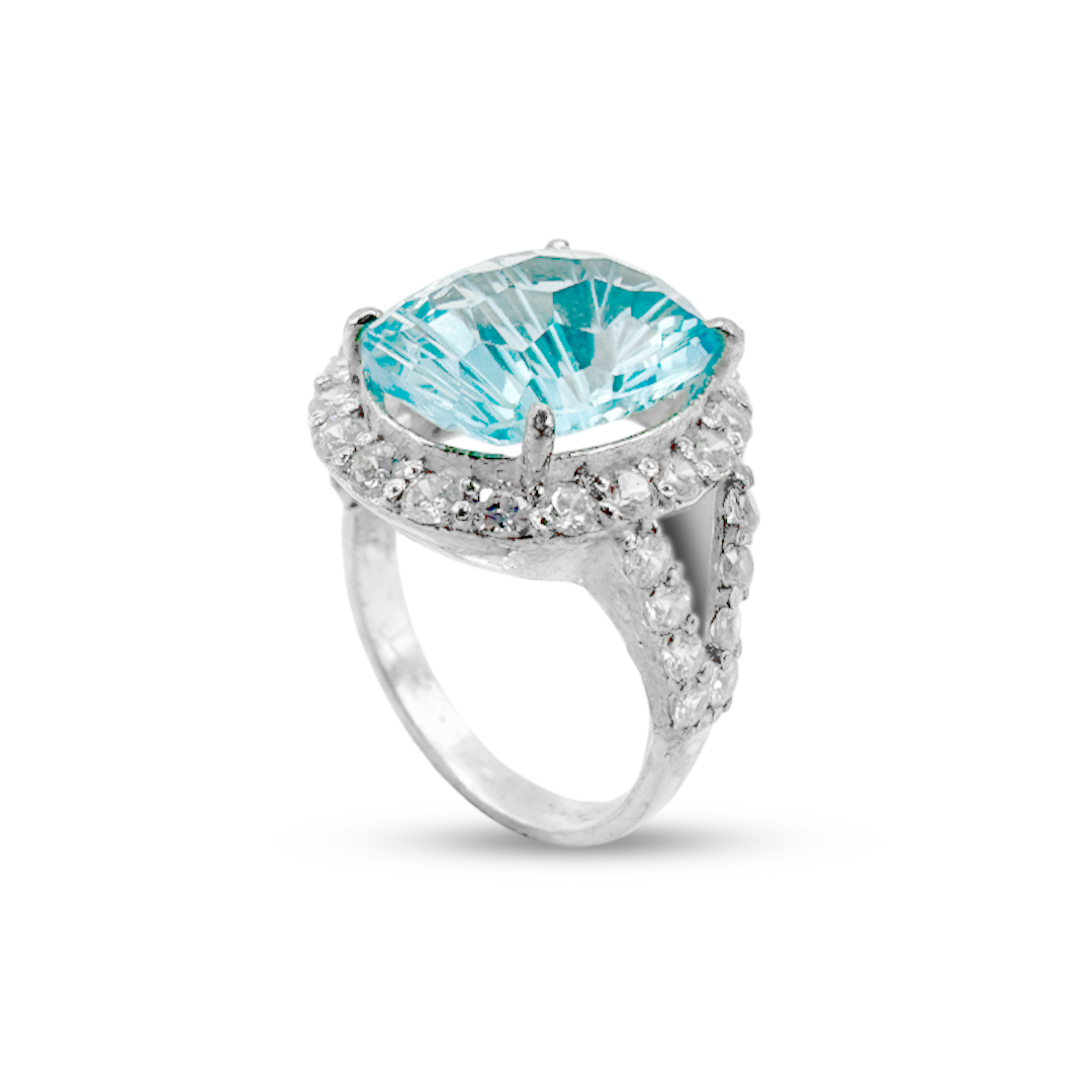 Blue Topaz Women Ring - Halo V Band Design