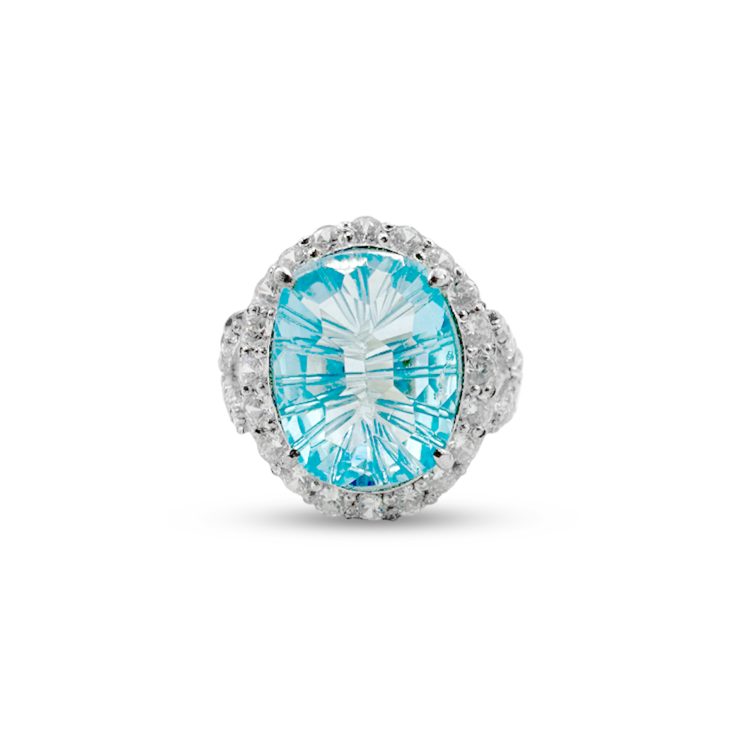 Blue Topaz Women Ring - Halo V Band Design
