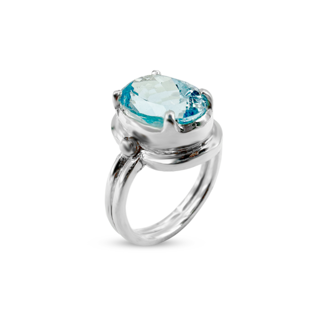 Blue Topaz Women Ring - Double Band Design