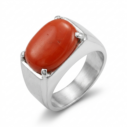 Coral Men Ring - Oval Cabochon