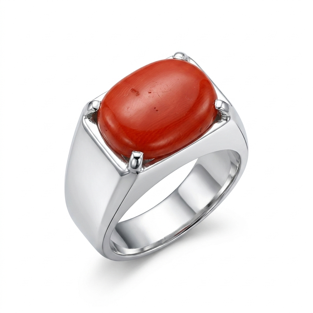 Coral Men Ring - Oval Cabochon