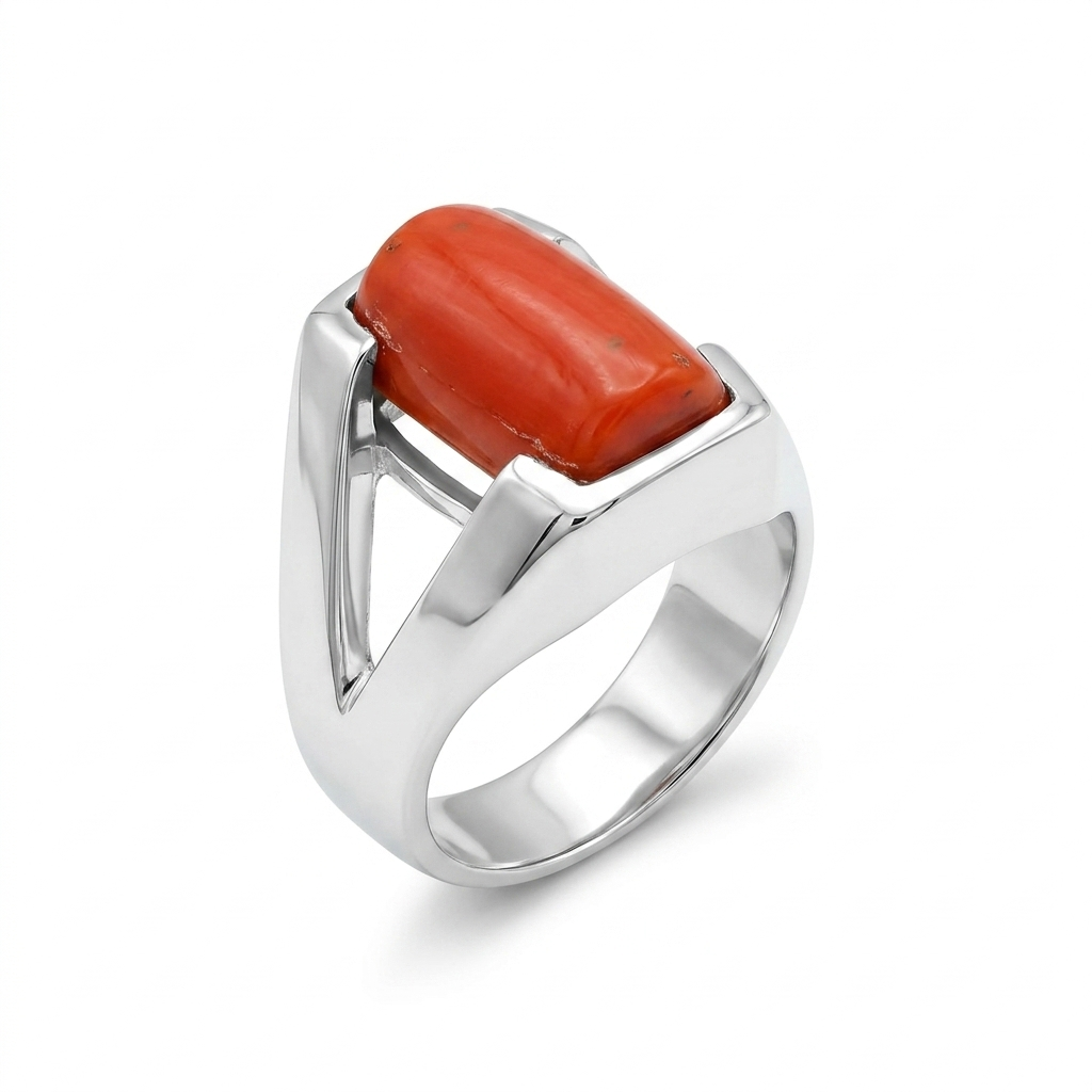Coral Men Ring - Rectangle Cabochon