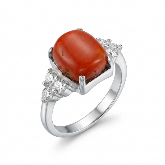 Coral Women Ring - Oval Cabochon