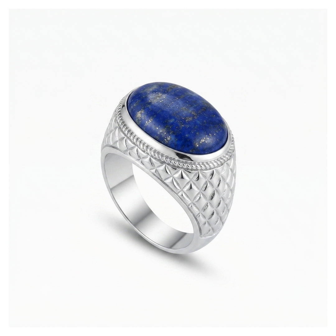 Lapis Men Ring - Textured Oval Cabochon Signet