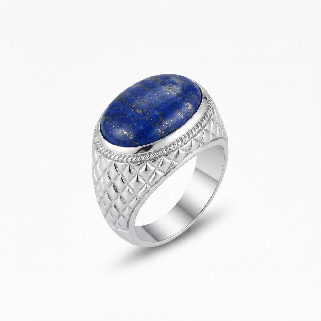 Lapis Men Ring - Textured Oval Cabochon Signet