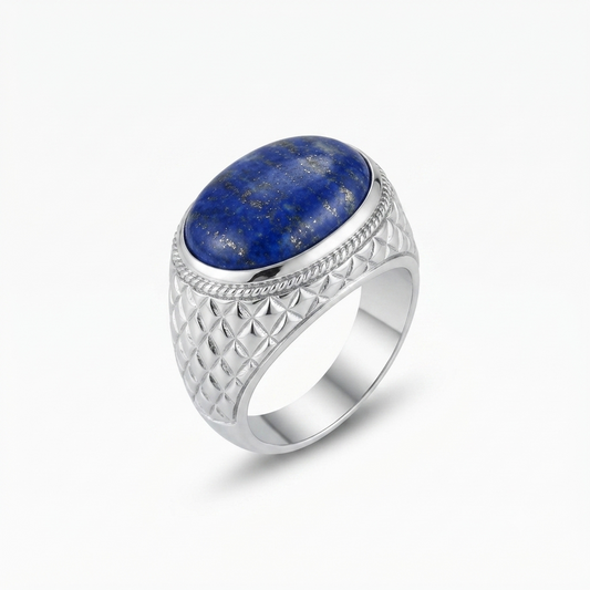Lapis Men Ring - Textured Oval Cabochon Signet