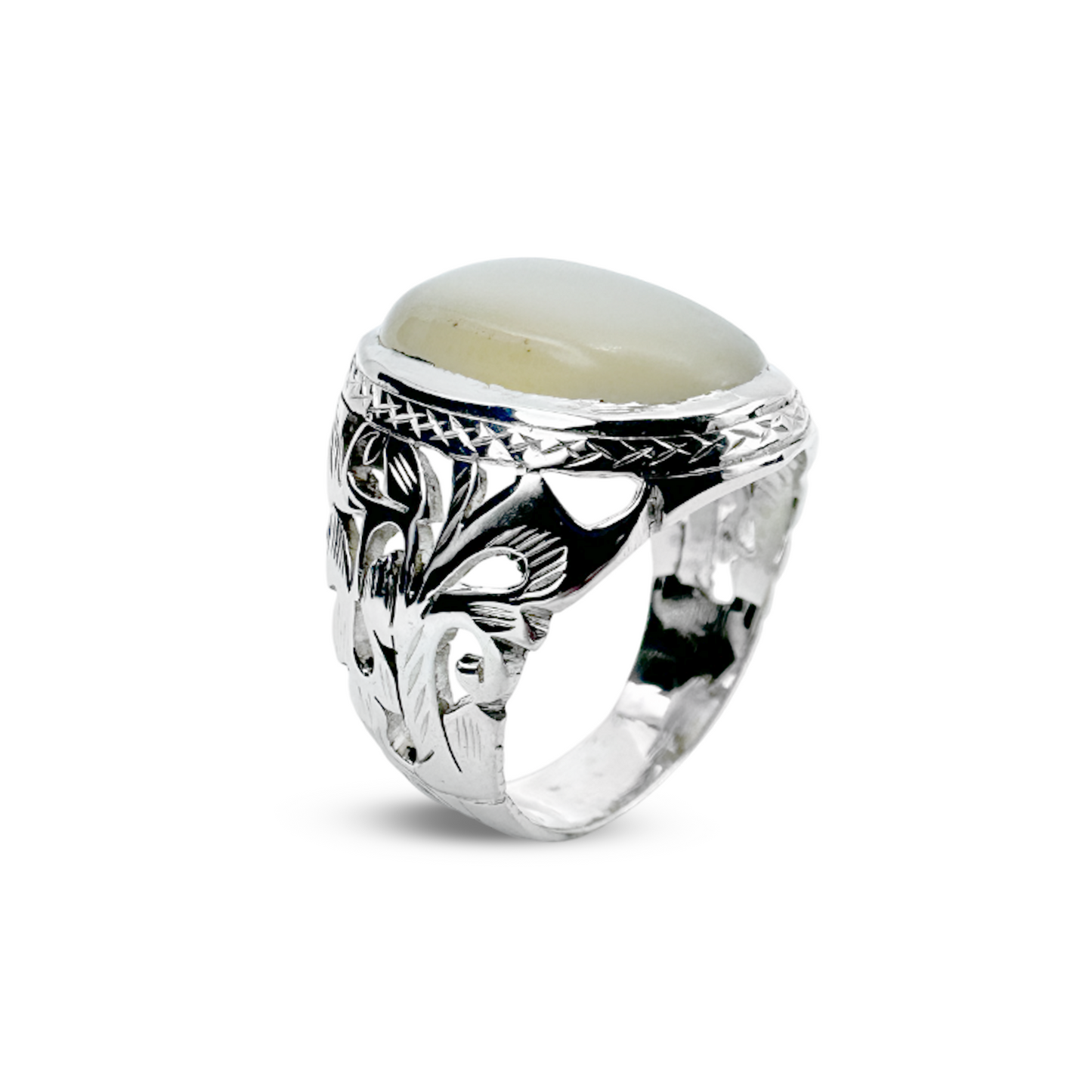 Moon Stone Men Ring - Plant Band Design