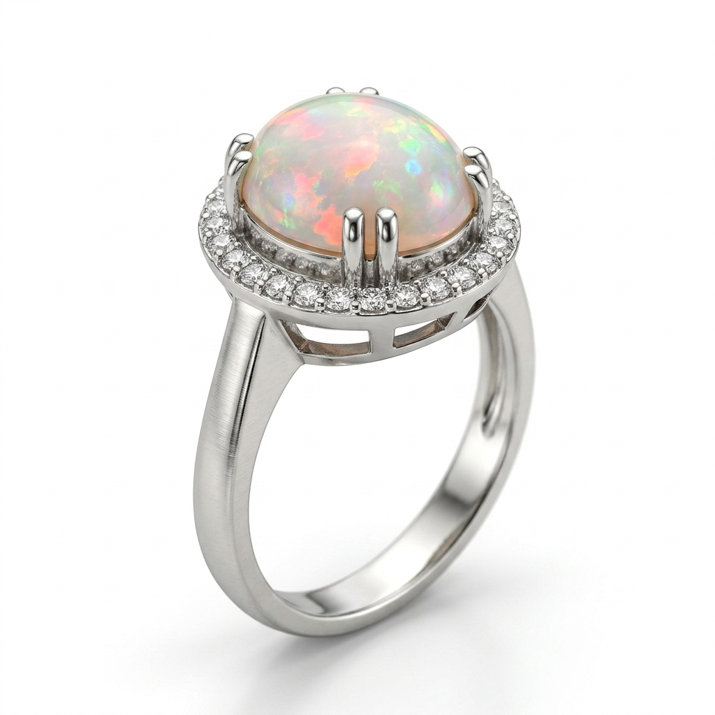 Opal Women Ring - Round Halo Solitaire