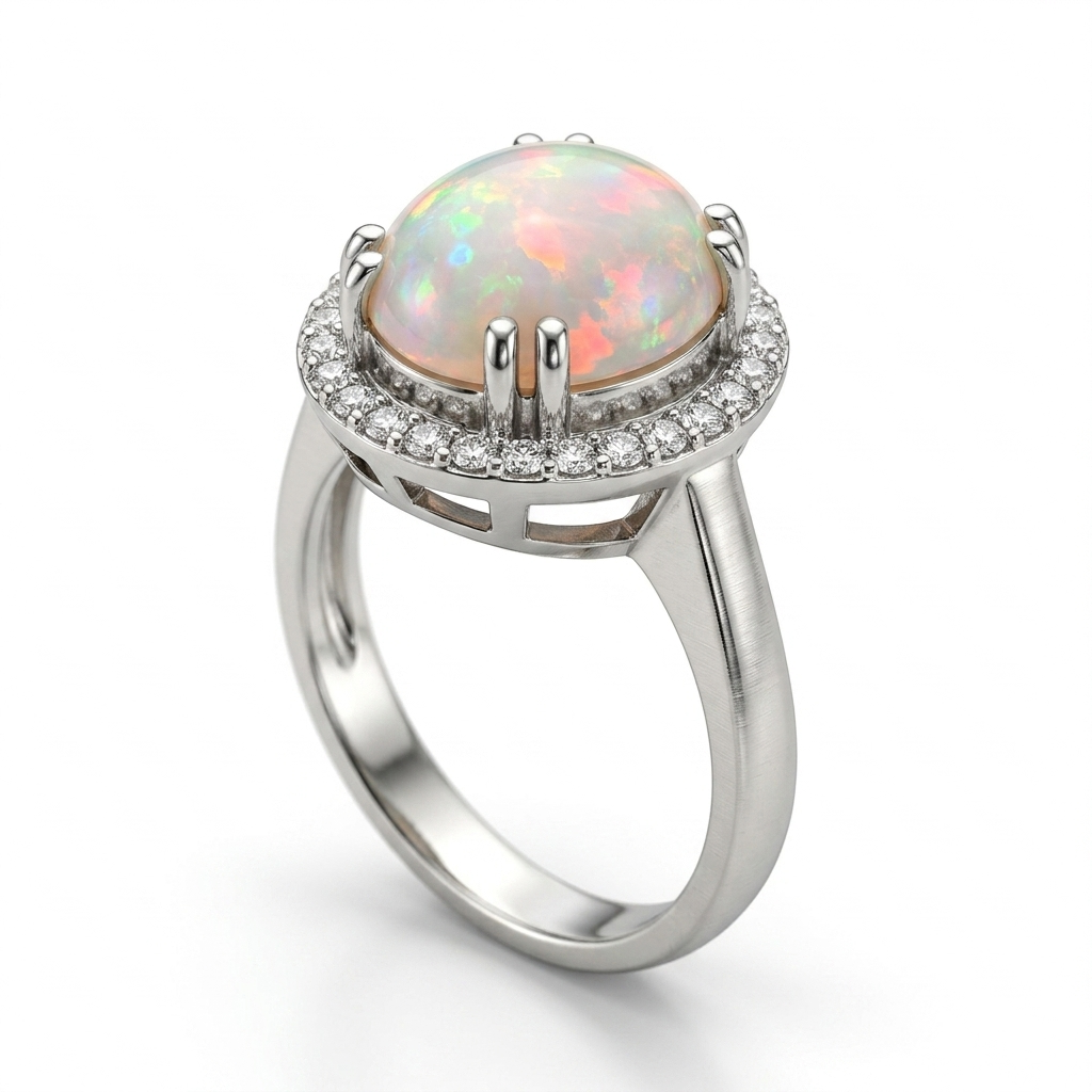 Opal Women Ring - Round Halo Solitaire