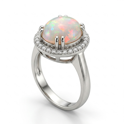 Opal Women Ring - Round Halo Solitaire