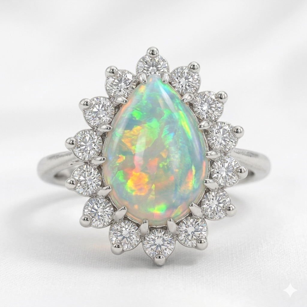 Opal Women Ring - Teardrop Halo