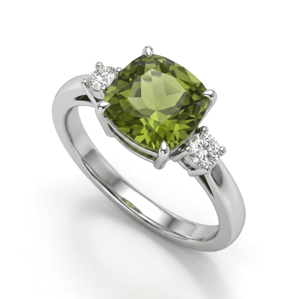 Peridot Women Ring - Side-Stone Cushion