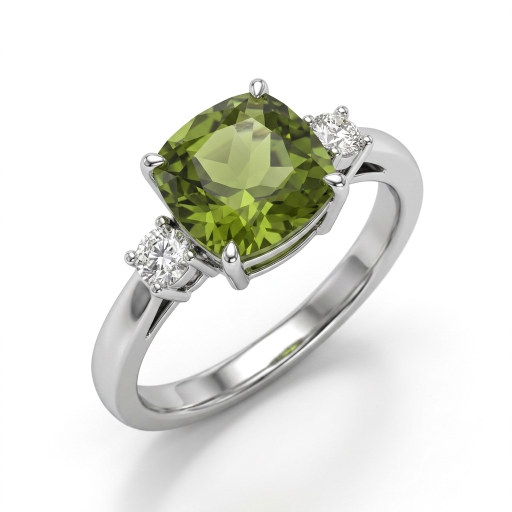 Peridot Women Ring - Side-Stone Cushion