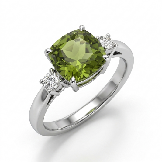 Peridot Women Ring - Side-Stone Cushion