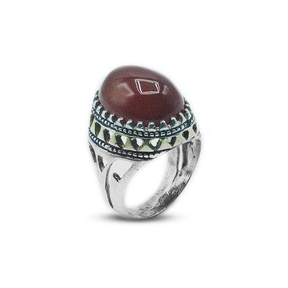 Red Agate Men Ring – Tribal Pattern Design