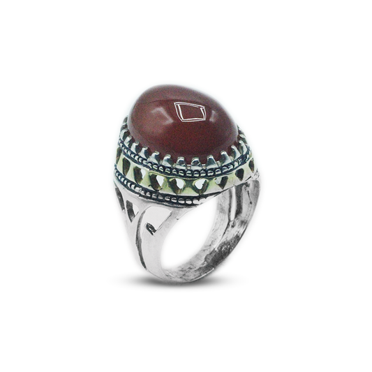 Red Agate Men Ring – Tribal Pattern Design