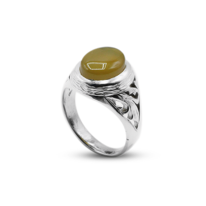 Yamani Agate Men Ring -  Floral Craved Band