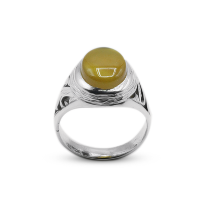 Yamani Agate Men Ring -  Floral Craved Band