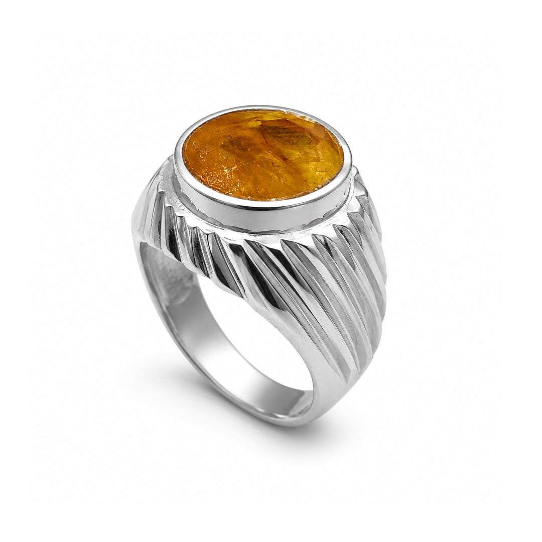 Yellow Sapphire Men Ring - Oval Amber