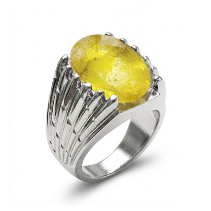 Yellow Sapphire Men Ring - Etched Fan Shoulders