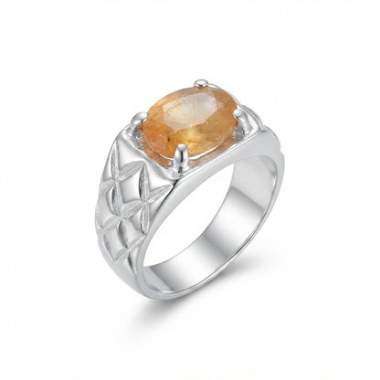 Yellow Sapphire Men Ring - Crosshatched