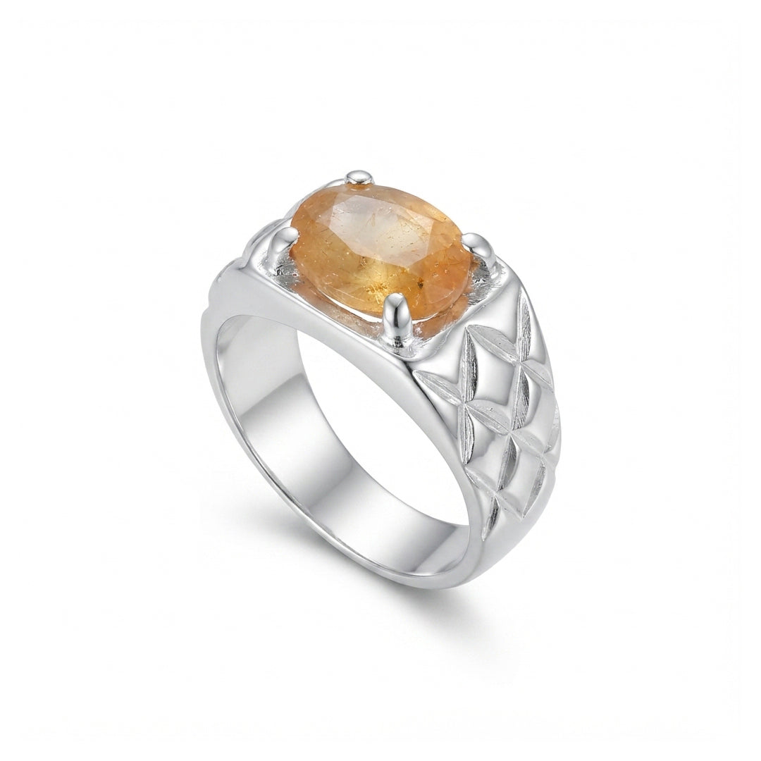 Yellow Sapphire Men Ring - Crosshatched
